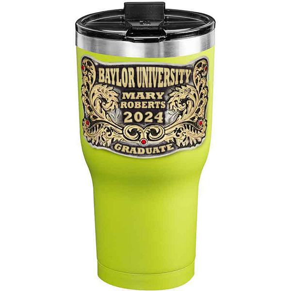 A customized tumbler made of stainless steel with a personalized engraved name and Baylor University lettering, 30 oz, ideal for coffee or cool drinks